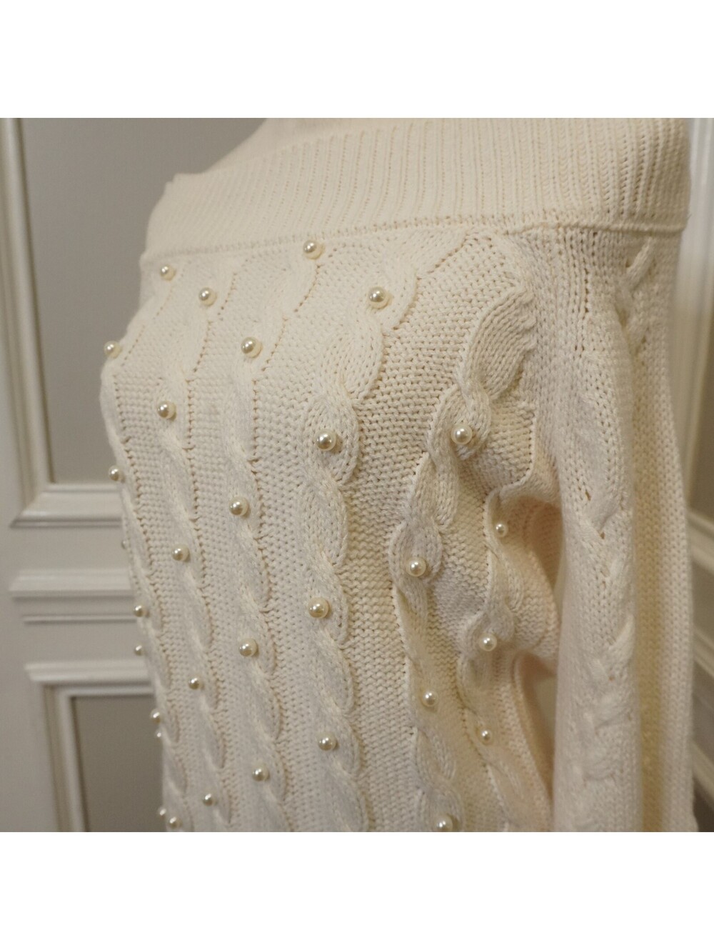 Soho New York & Company Cream Off-Shoulder Cable Knit Sweater with Pearls, SizeS - Picture 2 of 4